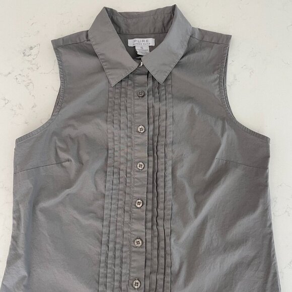 Pure Alfred Sung Sleeveless Button Down Pleat Detailed Cotton Blouse Grey Sz S - Picture 2 of 10